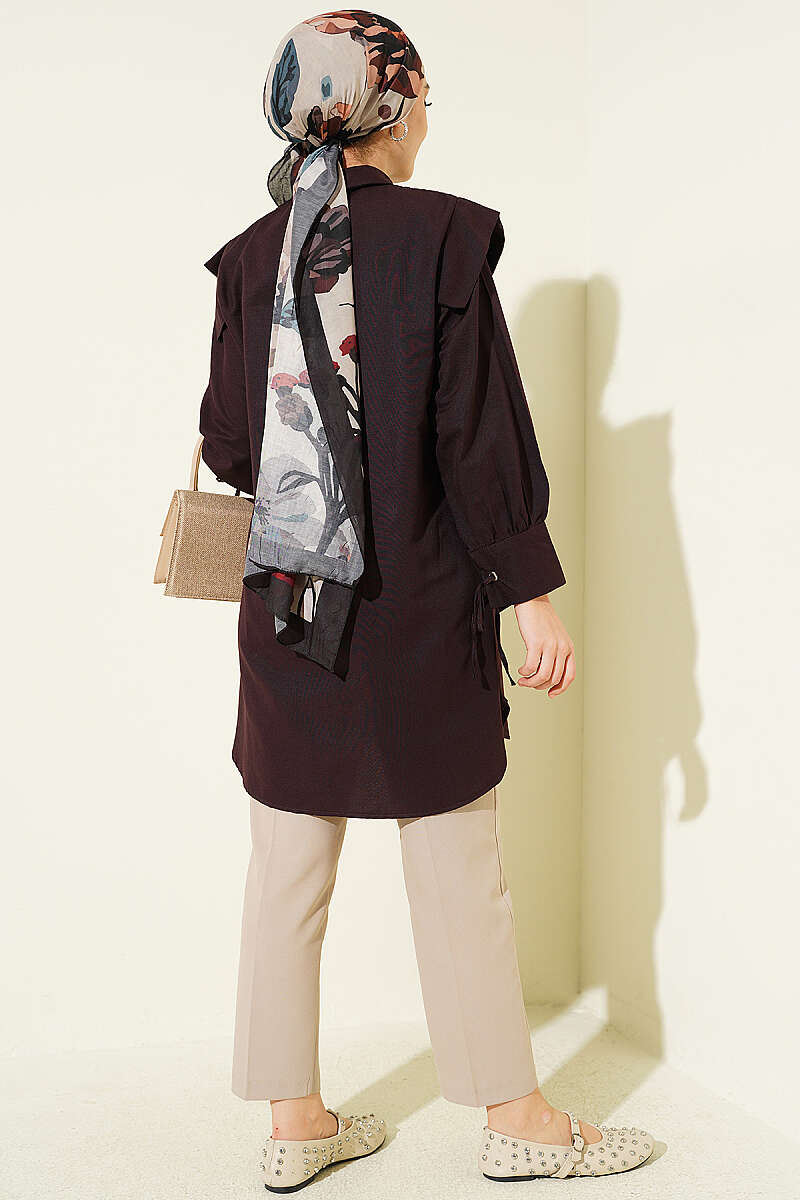 V-Panel Shirt with Tie Cuffs - Plum