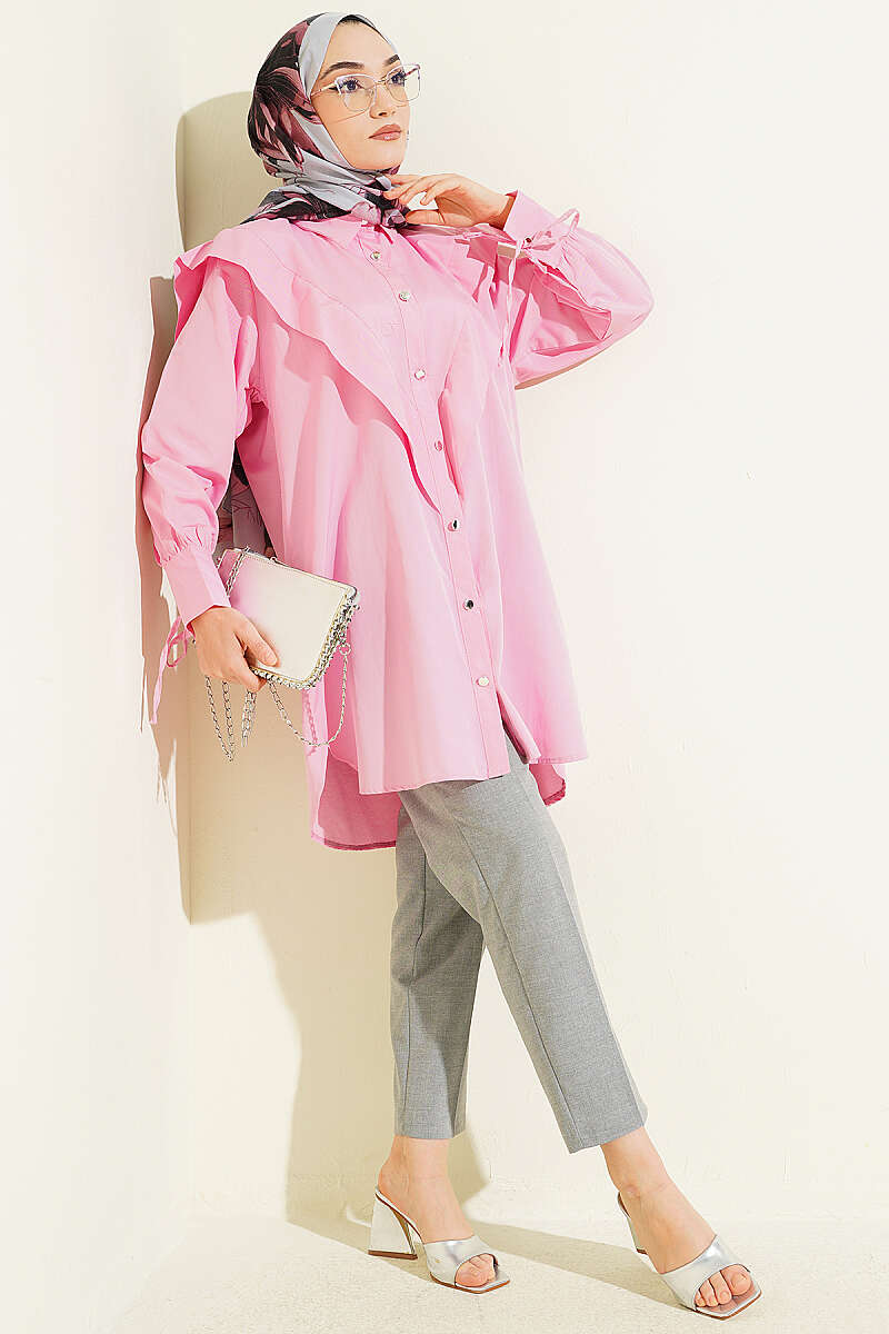 V-Panel Shirt with Tie Cuffs - Pink