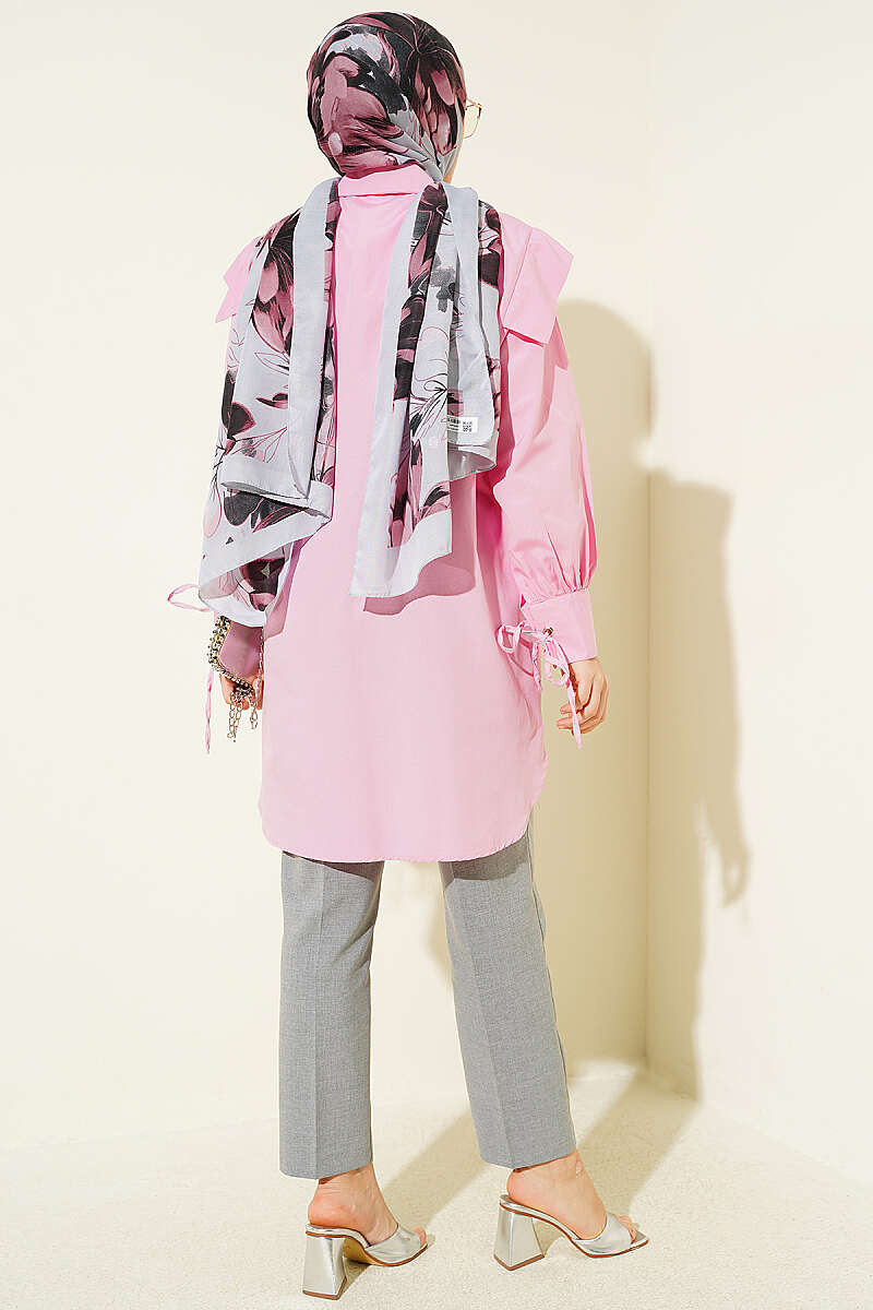 V-Panel Shirt with Tie Cuffs - Pink