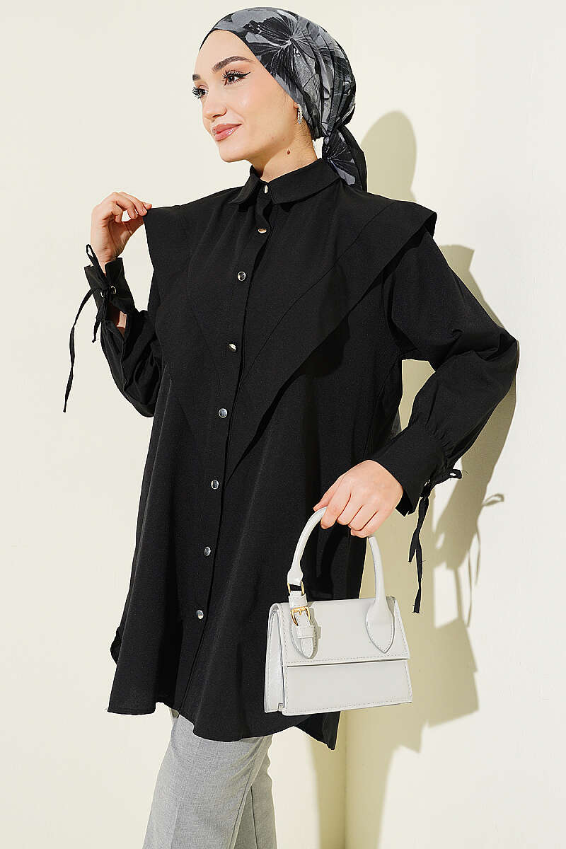 V-Panel Shirt with Tie Cuffs - Black