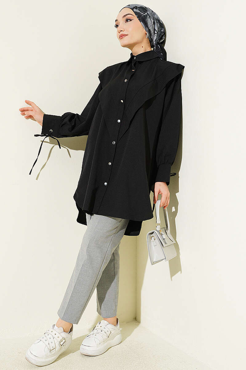 V-Panel Shirt with Tie Cuffs - Black