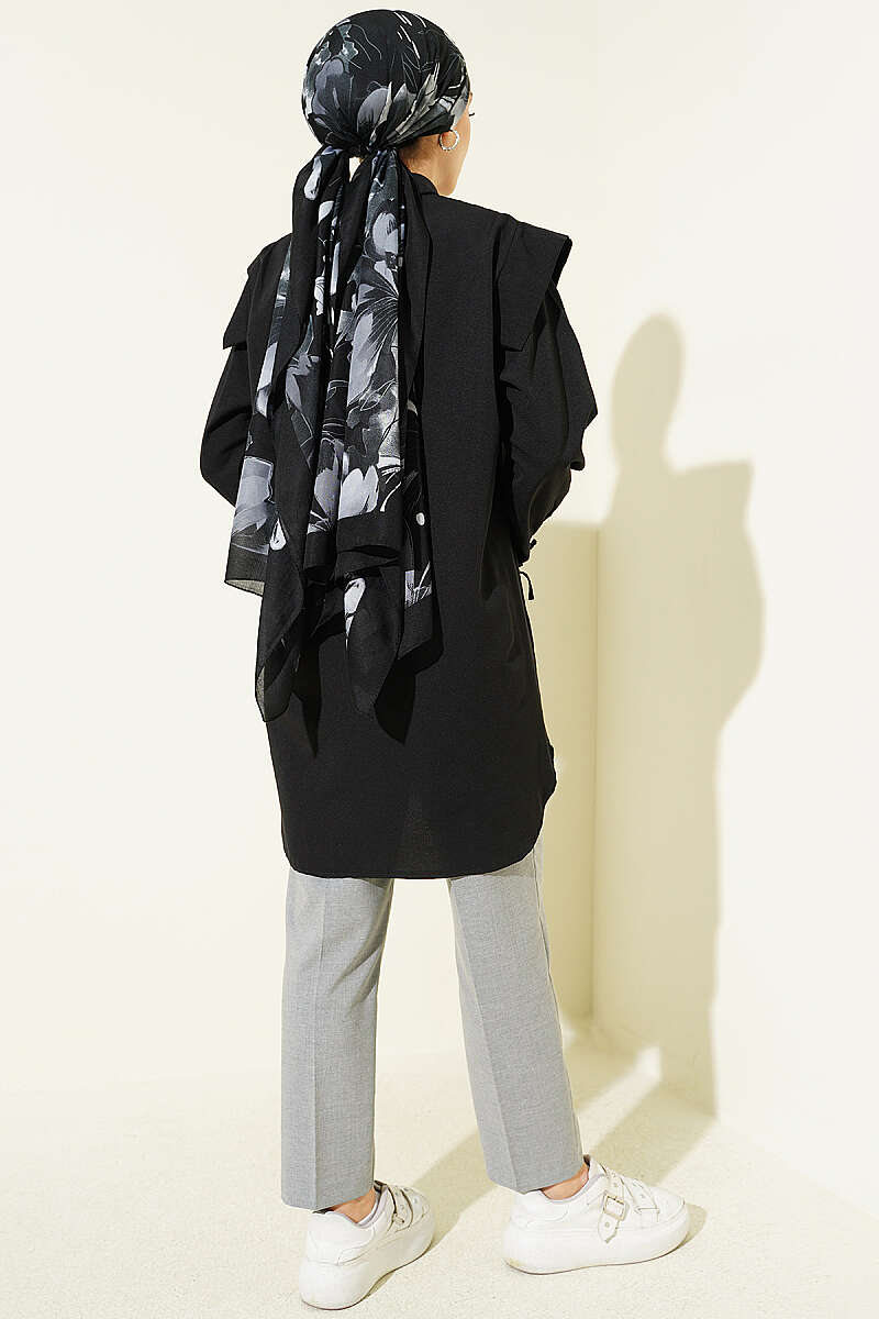 V-Panel Shirt with Tie Cuffs - Black