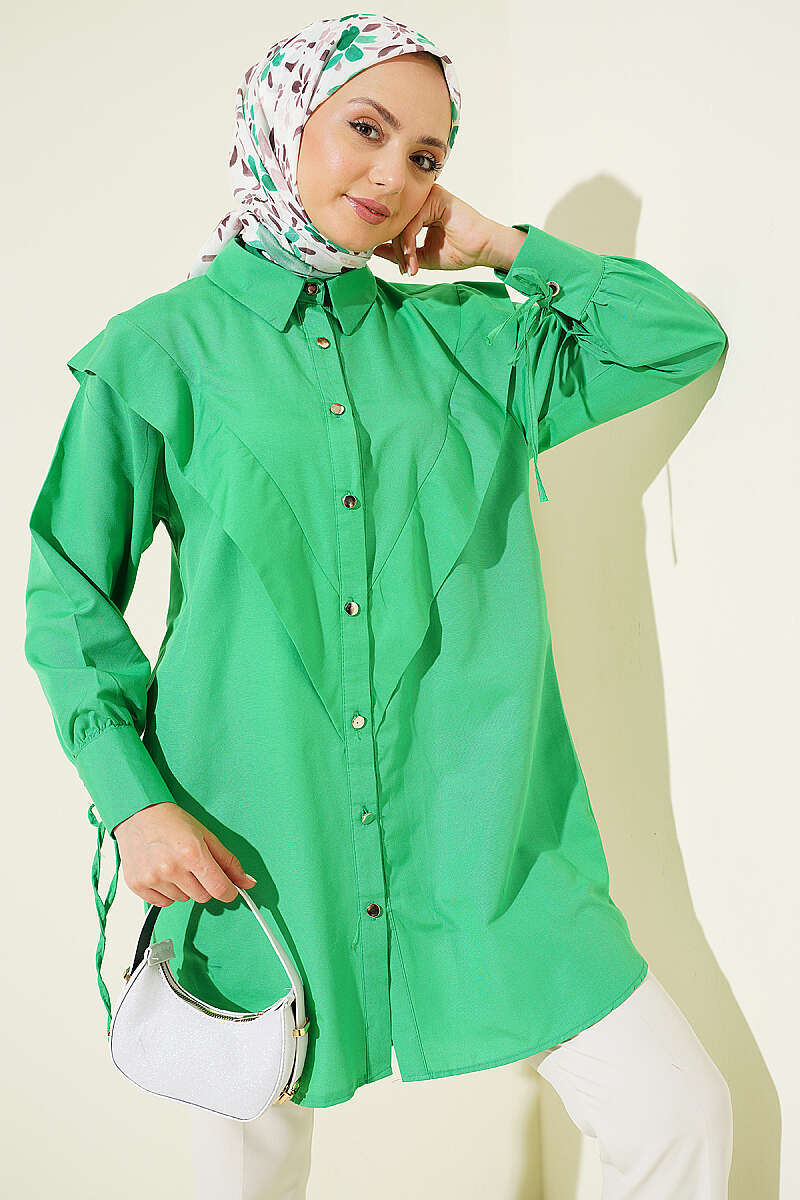 V-Panel Shirt with Tie Cuffs - Green