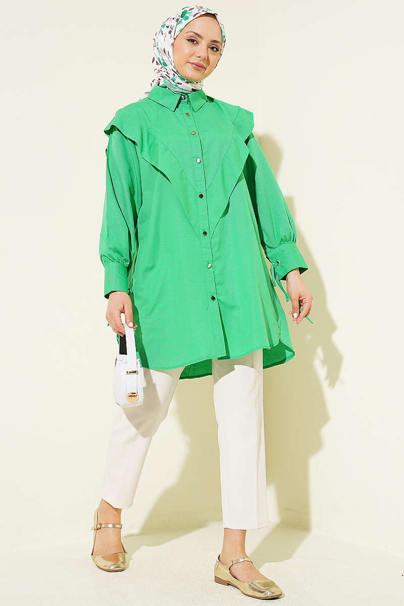 V-Panel Shirt with Tie Cuffs - Green
