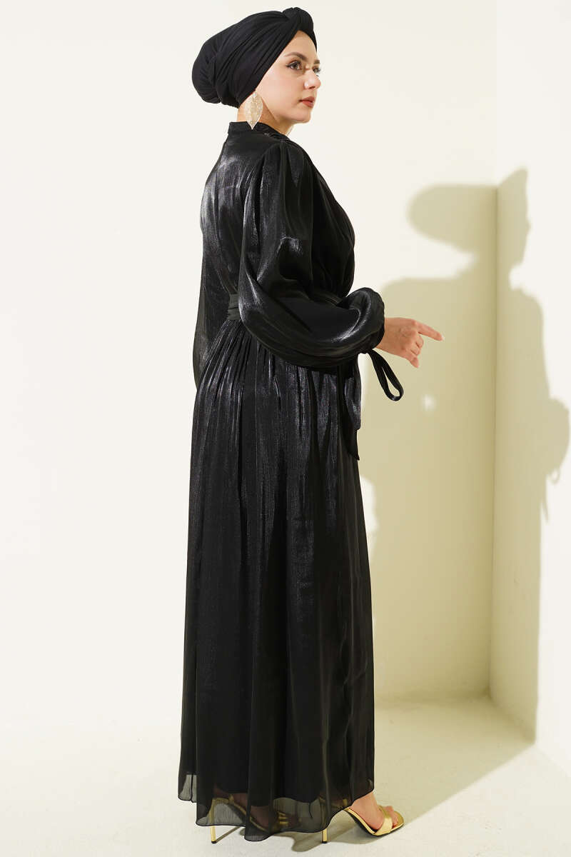 Belted Evening Dress with Tie Cuffs - Black