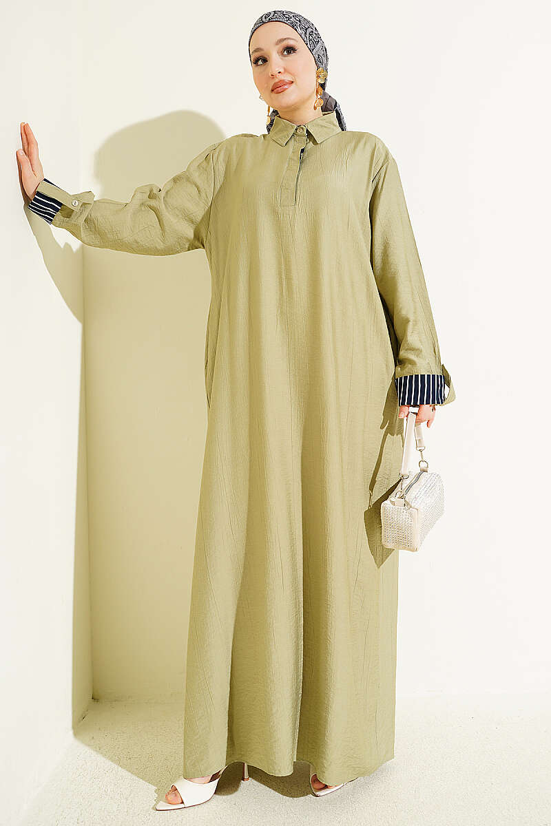 Half-Button Dress with Striped Cuffs - Almond Green