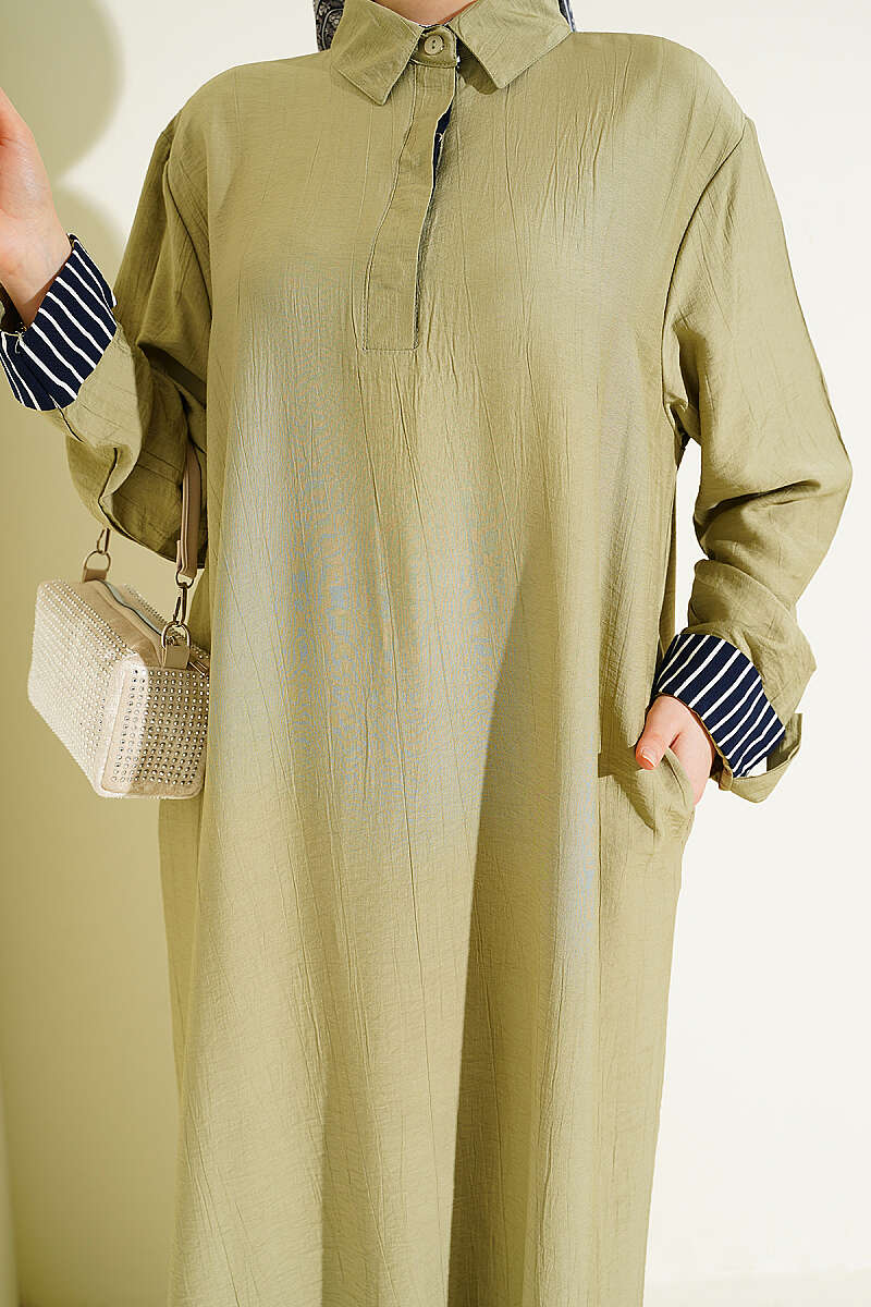 Half-Button Dress with Striped Cuffs - Almond Green