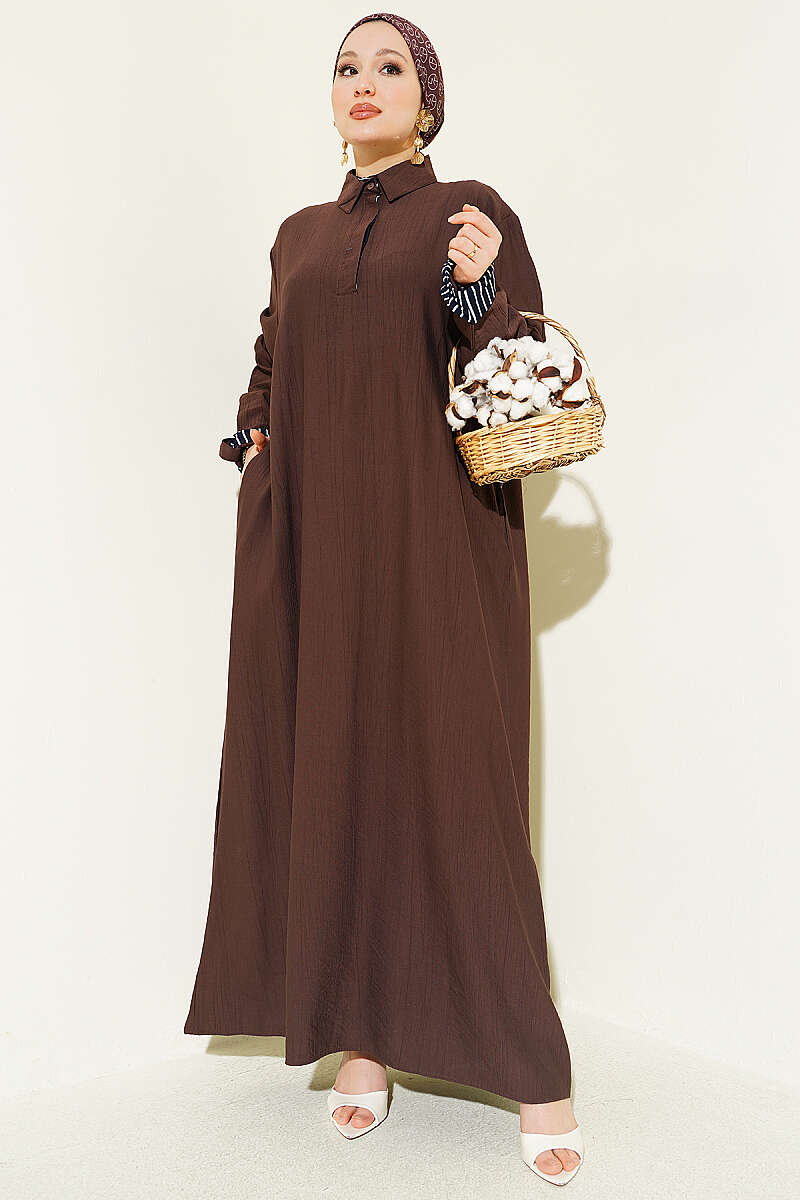 Half-Button Dress with Striped Cuffs - Brown