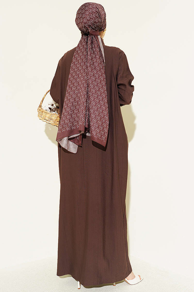 Half-Button Dress with Striped Cuffs - Brown