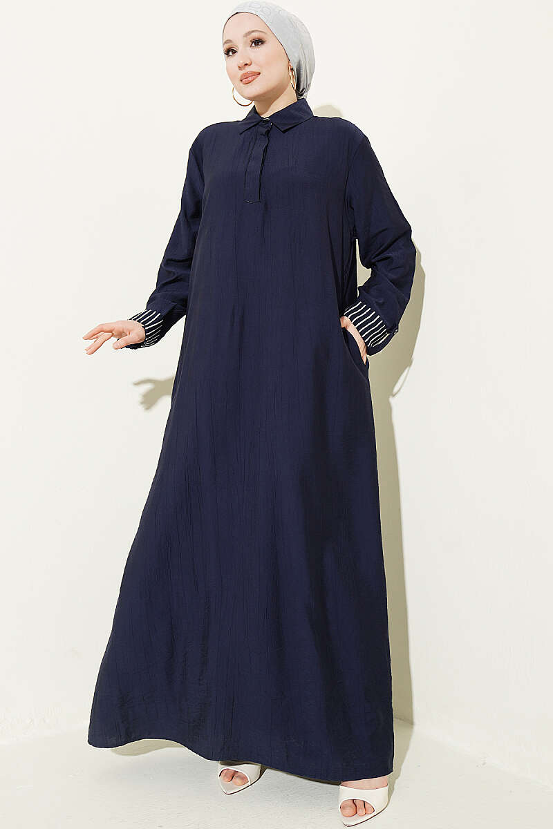 Half-Button Dress with Striped Cuffs - Dark Navy