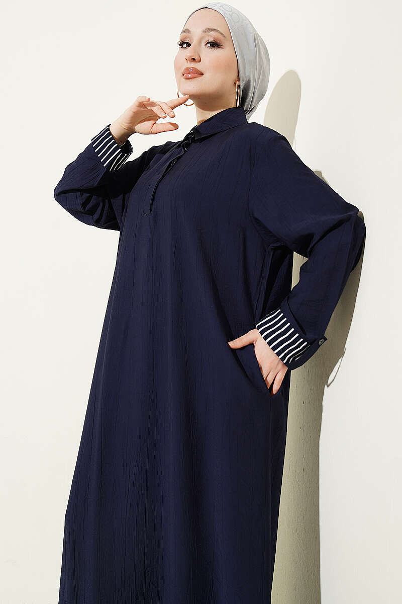 Half-Button Dress with Striped Cuffs - Dark Navy