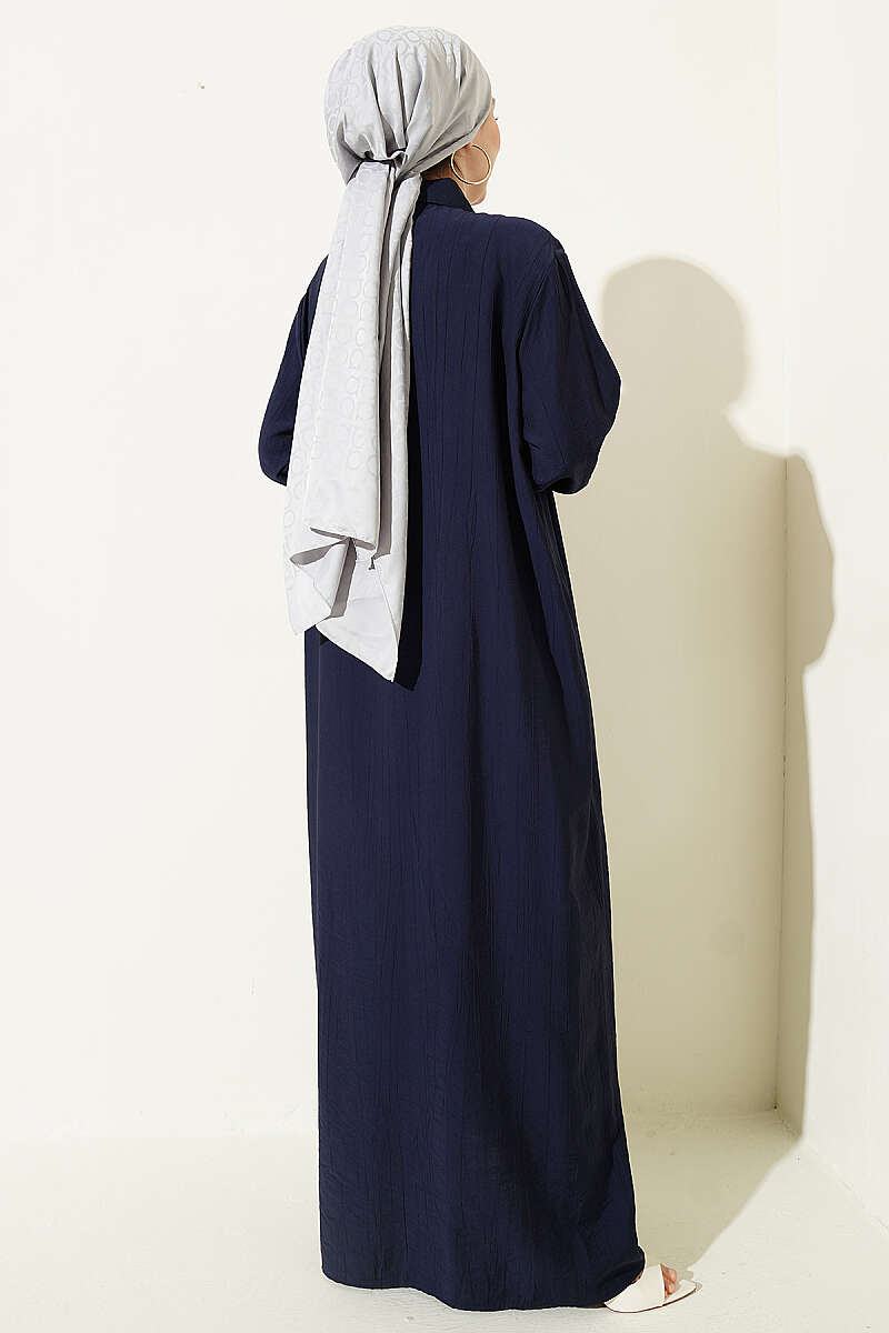Half-Button Dress with Striped Cuffs - Dark Navy
