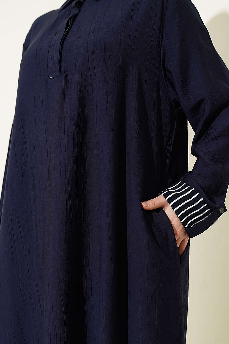 Half-Button Dress with Striped Cuffs - Dark Navy