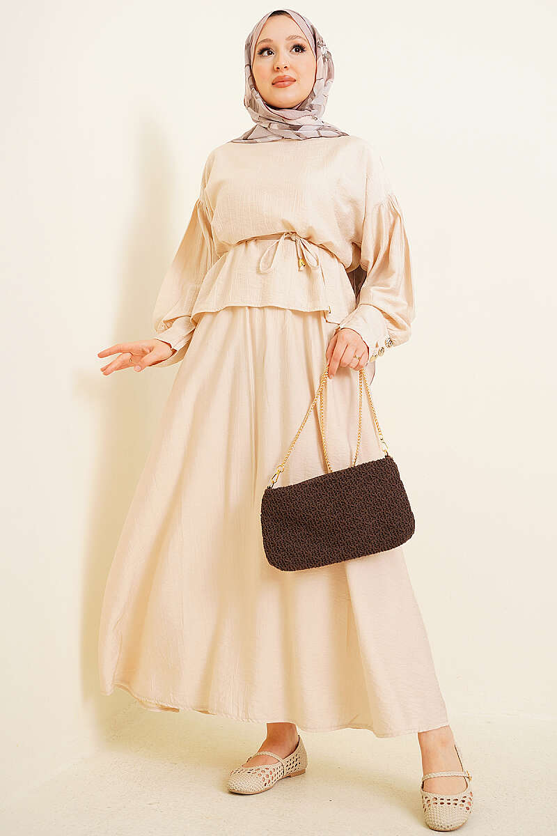 Skirt Set with Blouse and Buttoned Cuffs - Beige