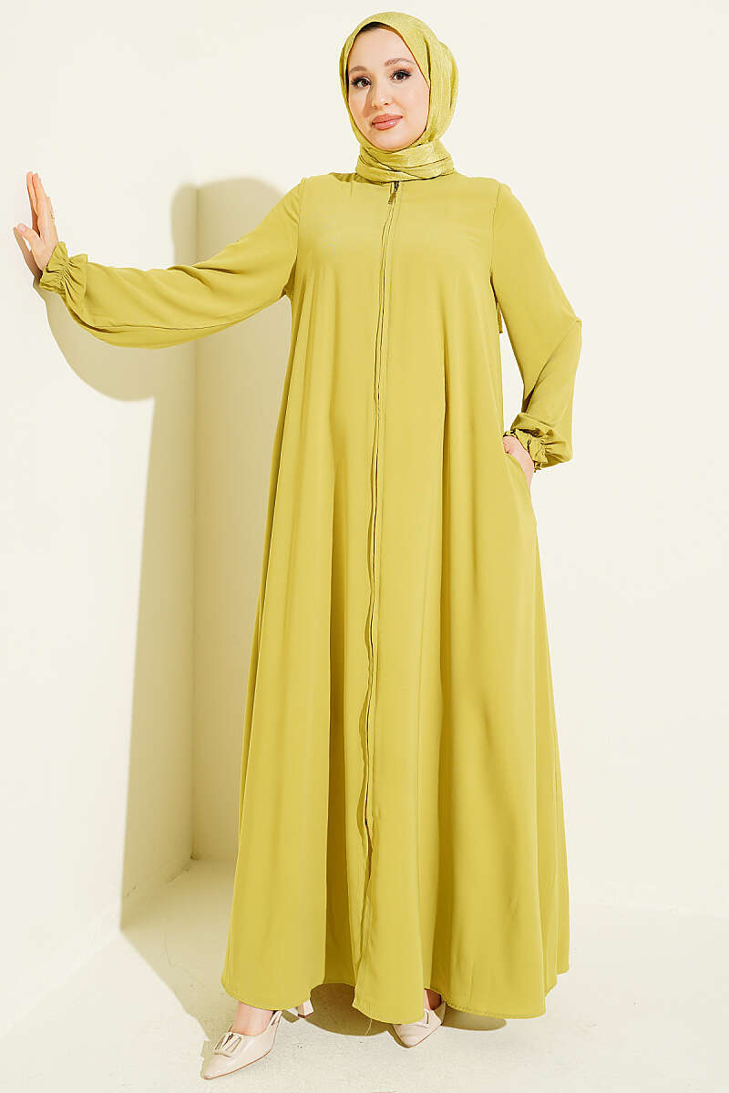 Zip Long Coat with Ruffle Cuffs - Olive