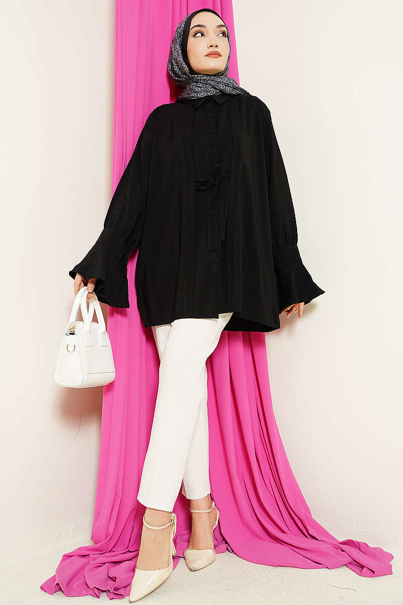 Loose Modal Shirt with Ruffle Cuffs - Black