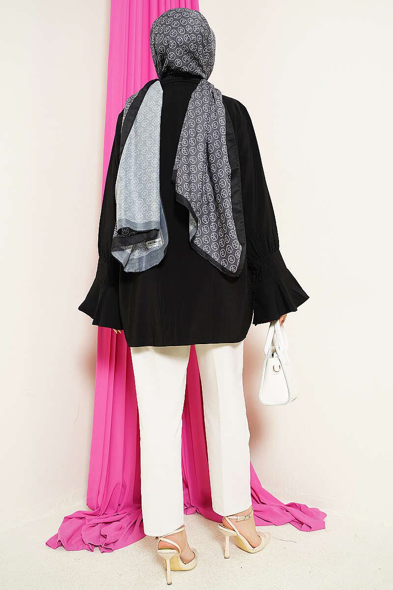 Loose Modal Shirt with Ruffle Cuffs - Black