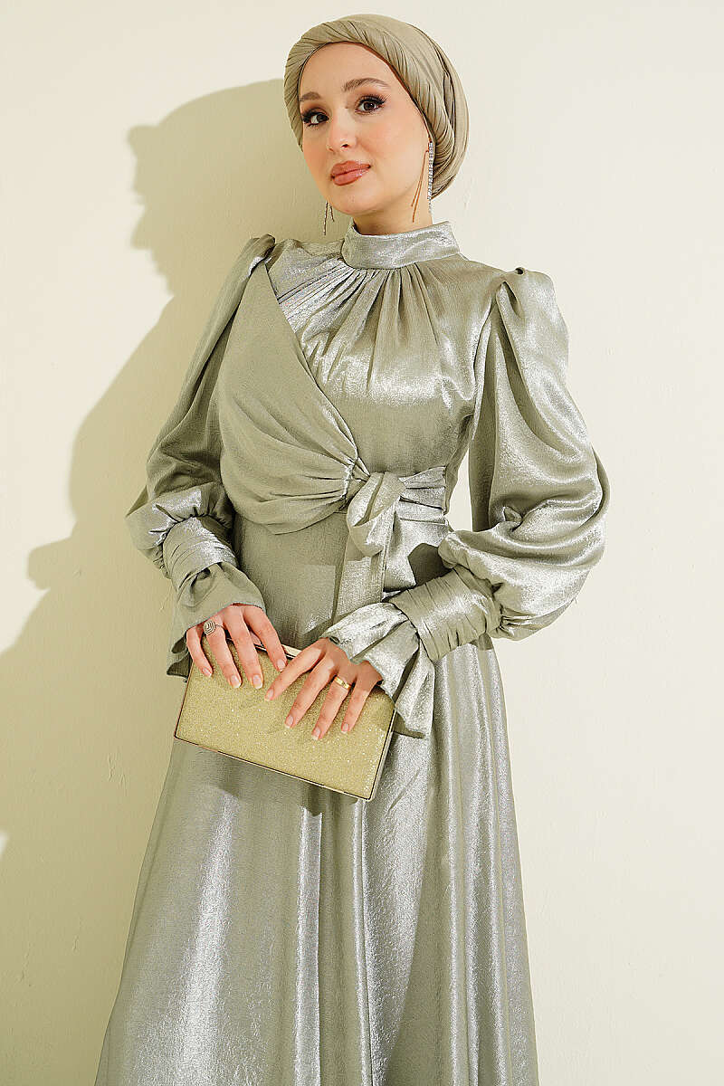 Side-Tie Evening Dress with Ruffled Cuffs - Almond Green