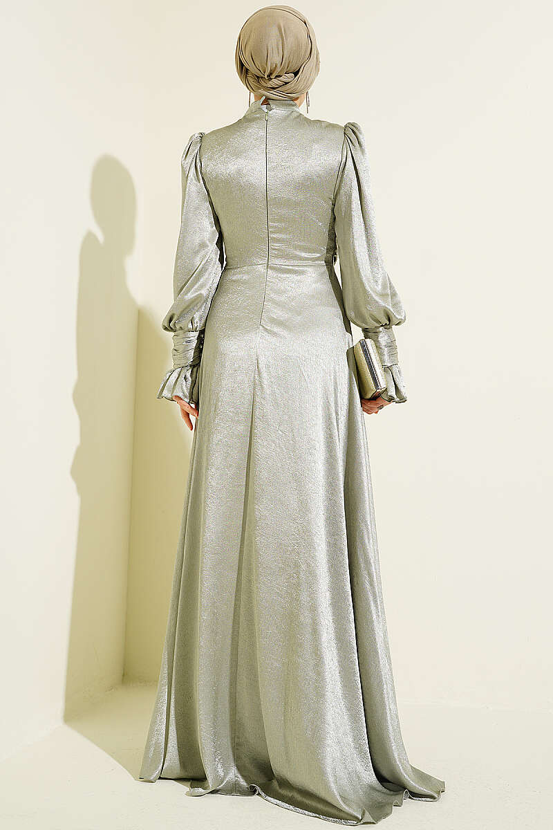 Side-Tie Evening Dress with Ruffled Cuffs - Almond Green