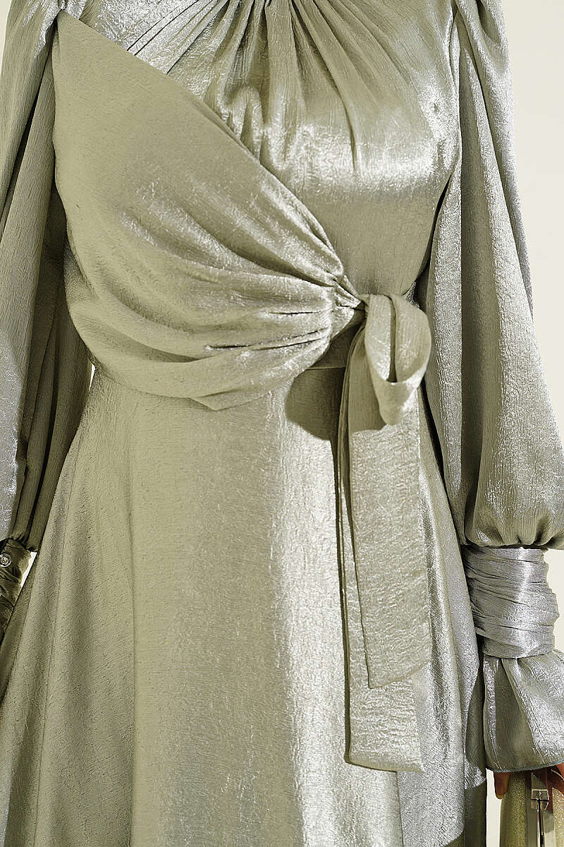 Side-Tie Evening Dress with Ruffled Cuffs - Almond Green