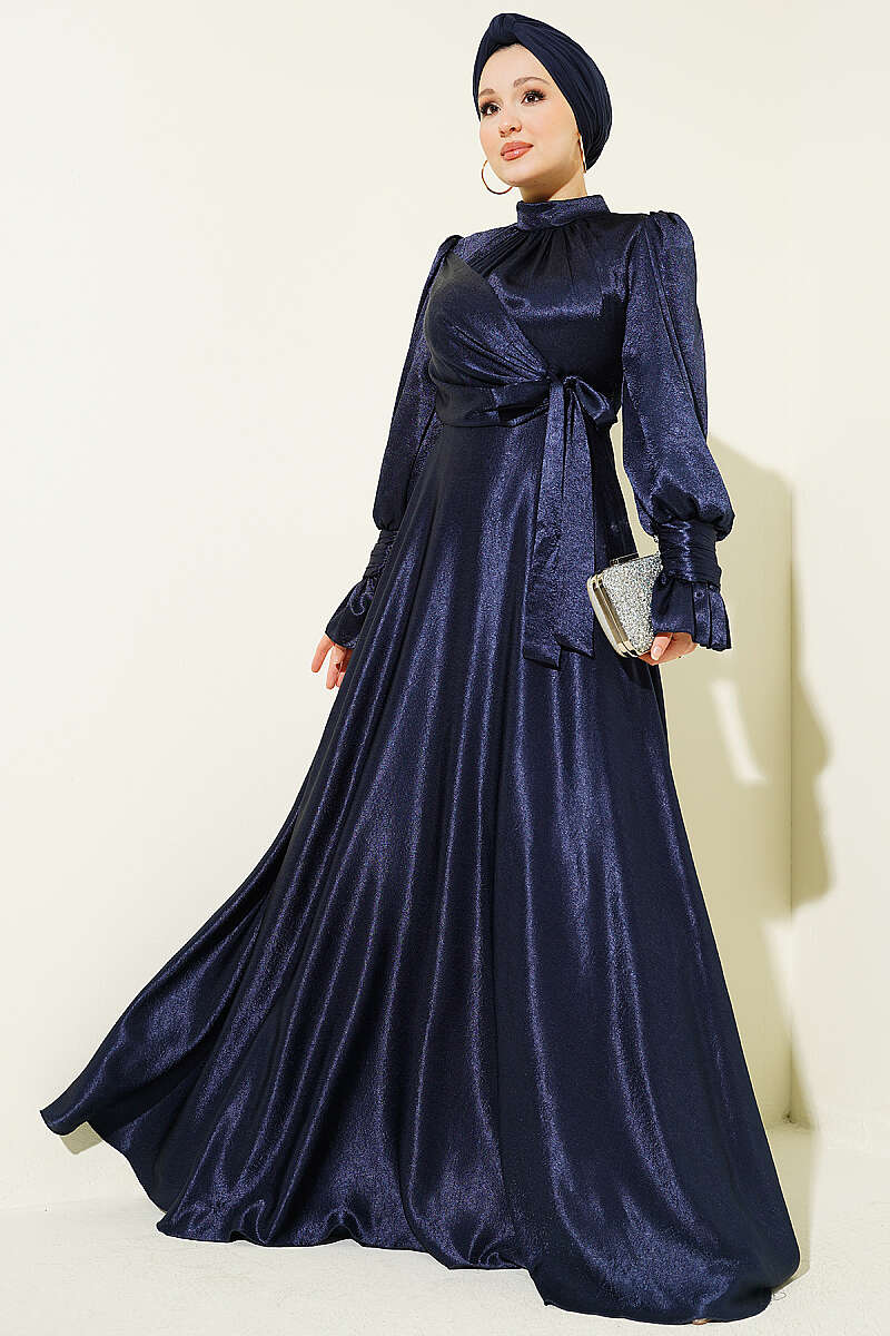 Side-Tie Evening Dress with Ruffled Cuffs - Navy