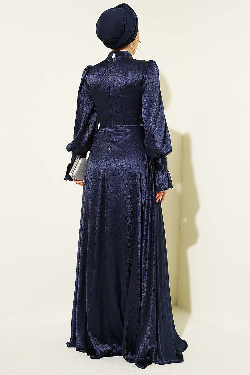 Side-Tie Evening Dress with Ruffled Cuffs - Navy