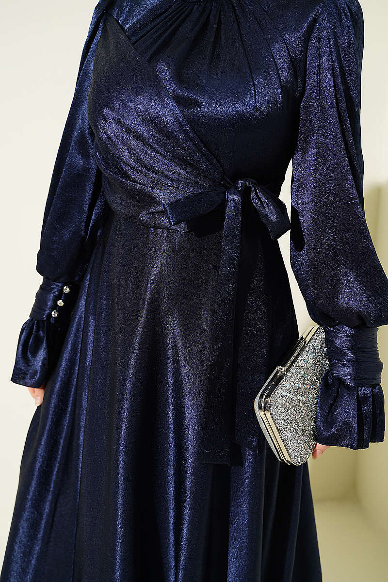 Side-Tie Evening Dress with Ruffled Cuffs - Navy