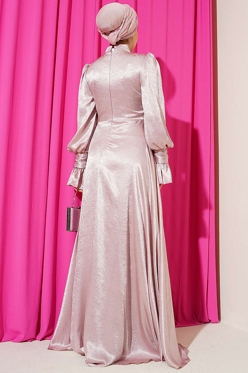 Side-Tie Evening Dress with Ruffled Cuffs - Powder