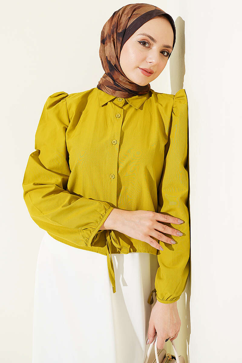 Short Balloon-Sleeve Shirt with Cuff Ties - Olive