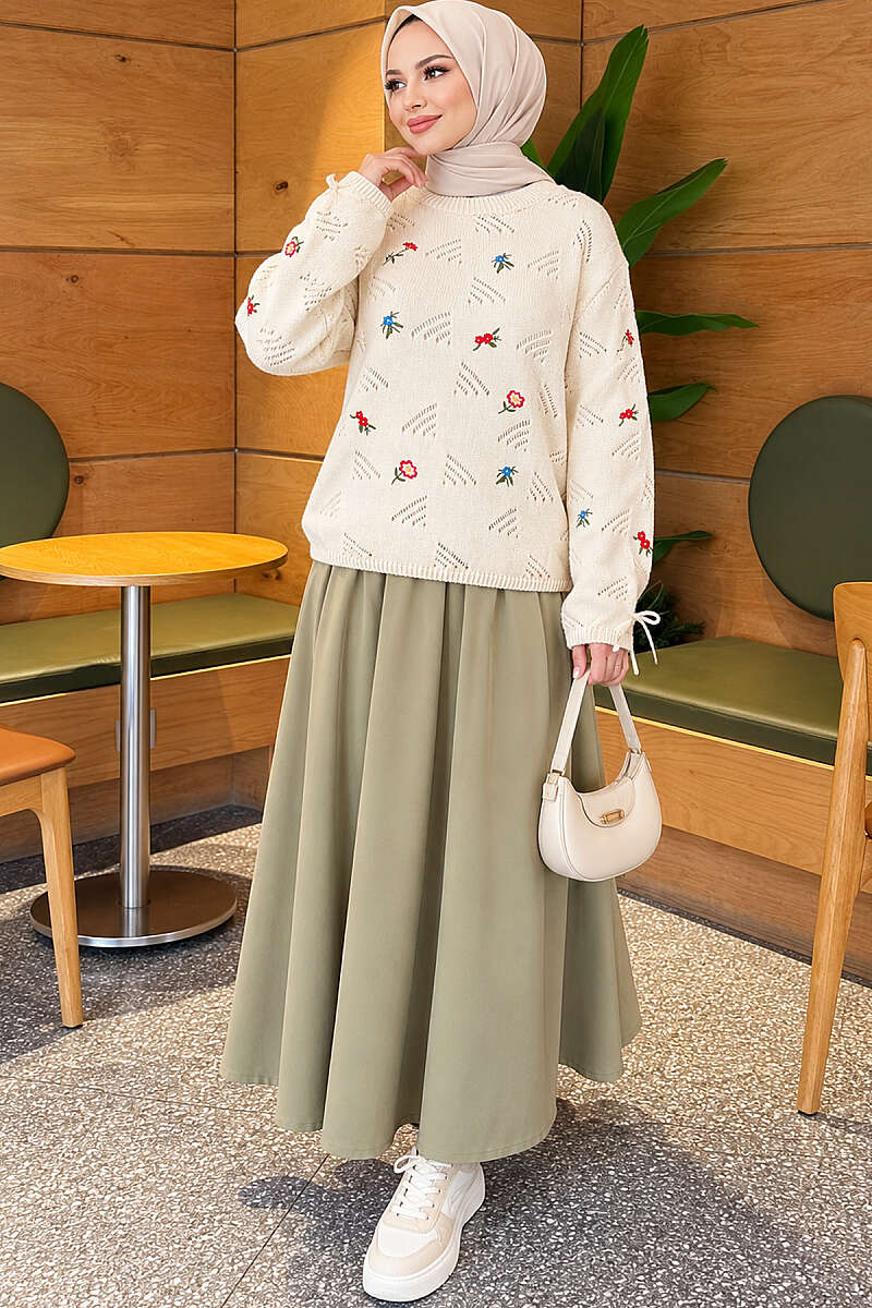 Floral Embroidered Sweater with Cuff Ties - Beige