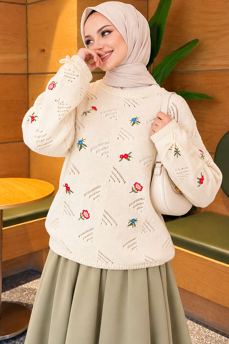 Floral Embroidered Sweater with Cuff Ties - Beige