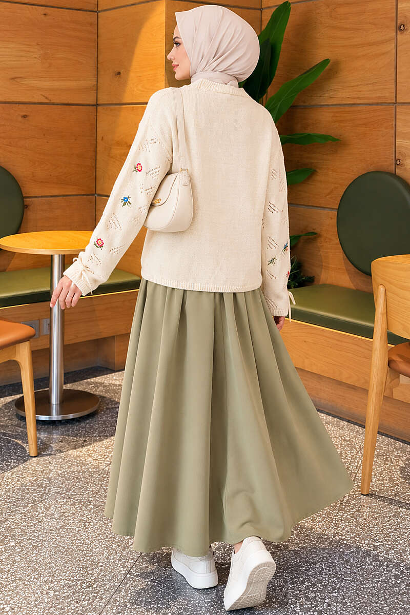 Floral Embroidered Sweater with Cuff Ties - Beige