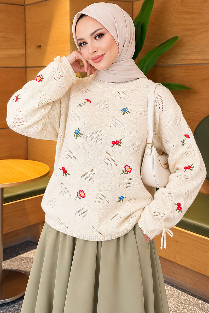 Floral Embroidered Sweater with Cuff Ties - Beige