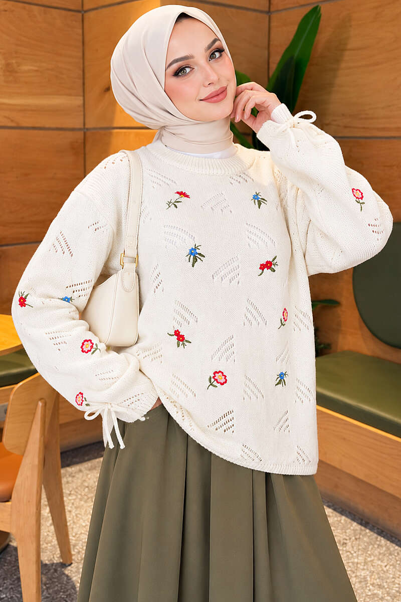 Floral Embroidered Sweater with Cuff Ties - Ecru