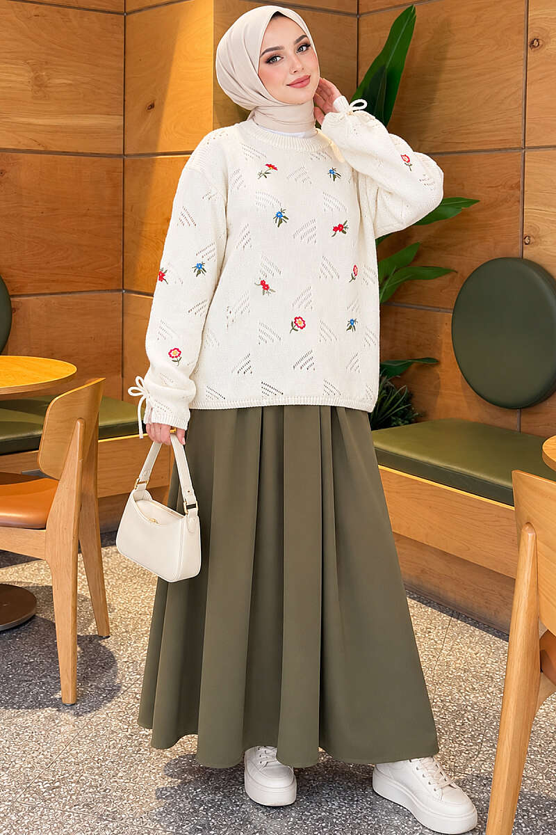 Floral Embroidered Sweater with Cuff Ties - Ecru