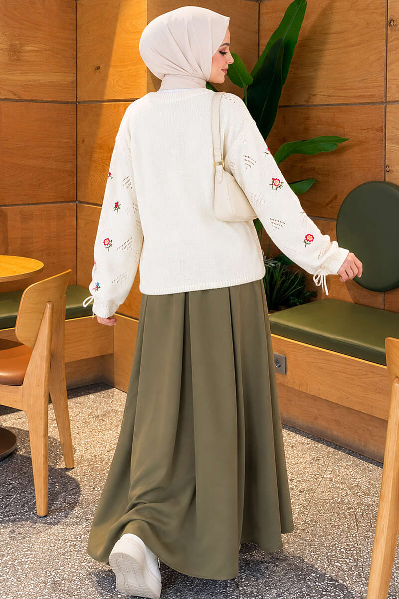 Floral Embroidered Sweater with Cuff Ties - Ecru