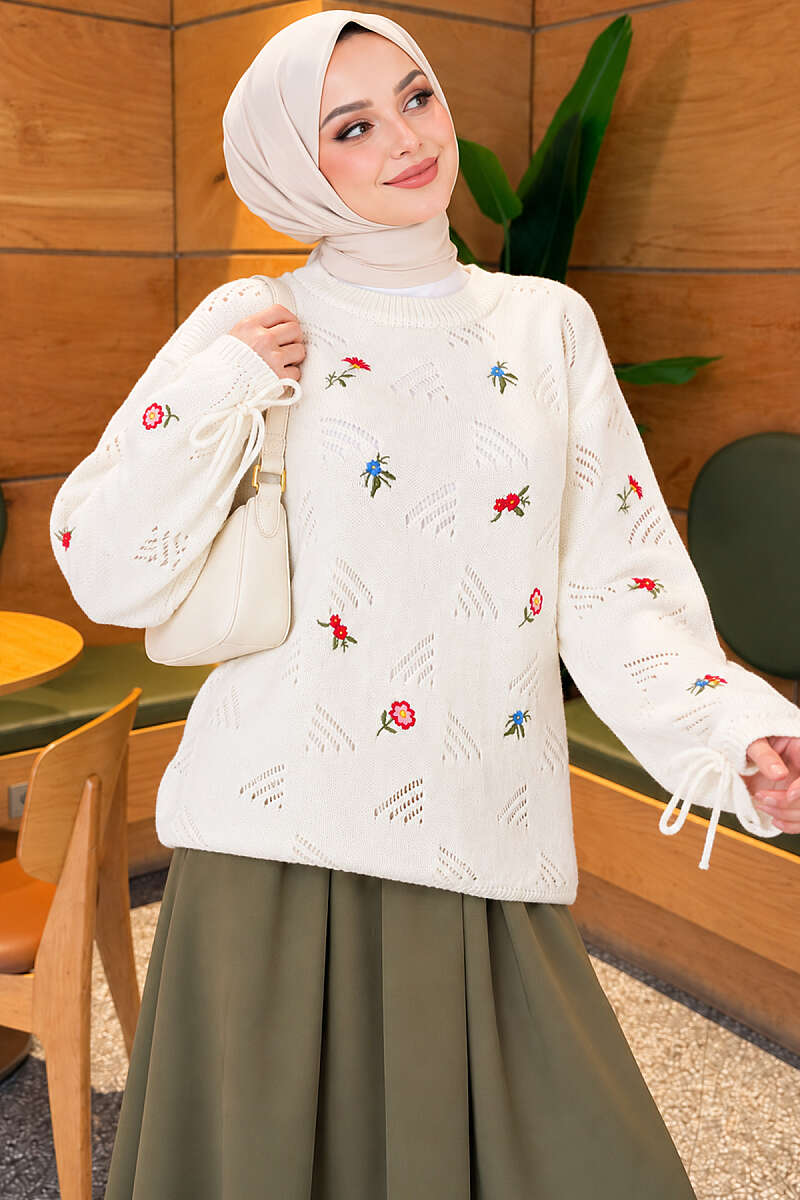 Floral Embroidered Sweater with Cuff Ties - Ecru
