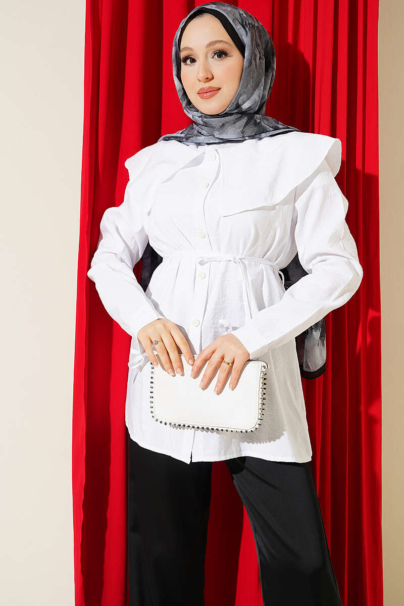 Sailor-Collar Shirt with Cuff Ties - White