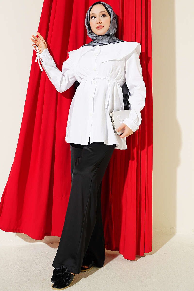 Sailor-Collar Shirt with Cuff Ties - White