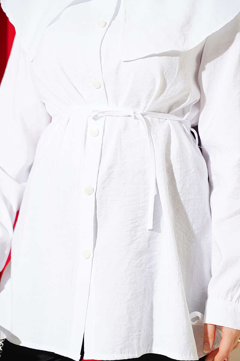 Sailor-Collar Shirt with Cuff Ties - White