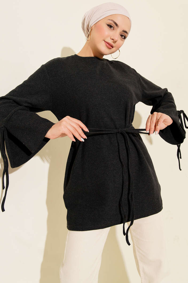 Ribbed Felt Tunic with Cord Cuffs - Charcoal