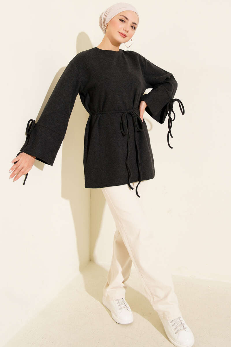 Ribbed Felt Tunic with Cord Cuffs - Charcoal