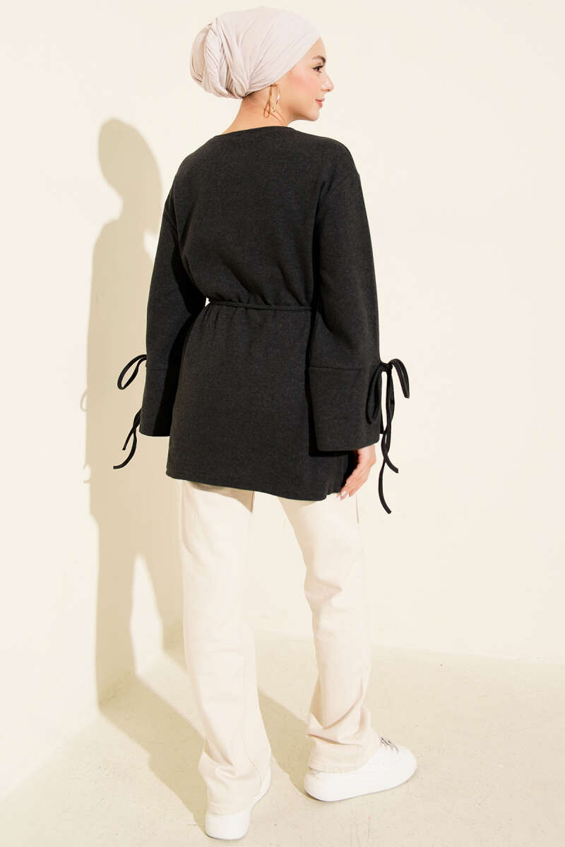 Ribbed Felt Tunic with Cord Cuffs - Charcoal