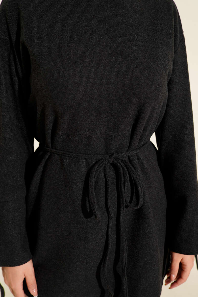 Ribbed Felt Tunic with Cord Cuffs - Charcoal
