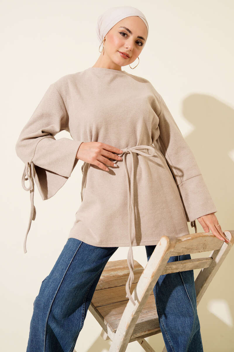 Ribbed Felt Tunic with Cord Cuffs - Beige