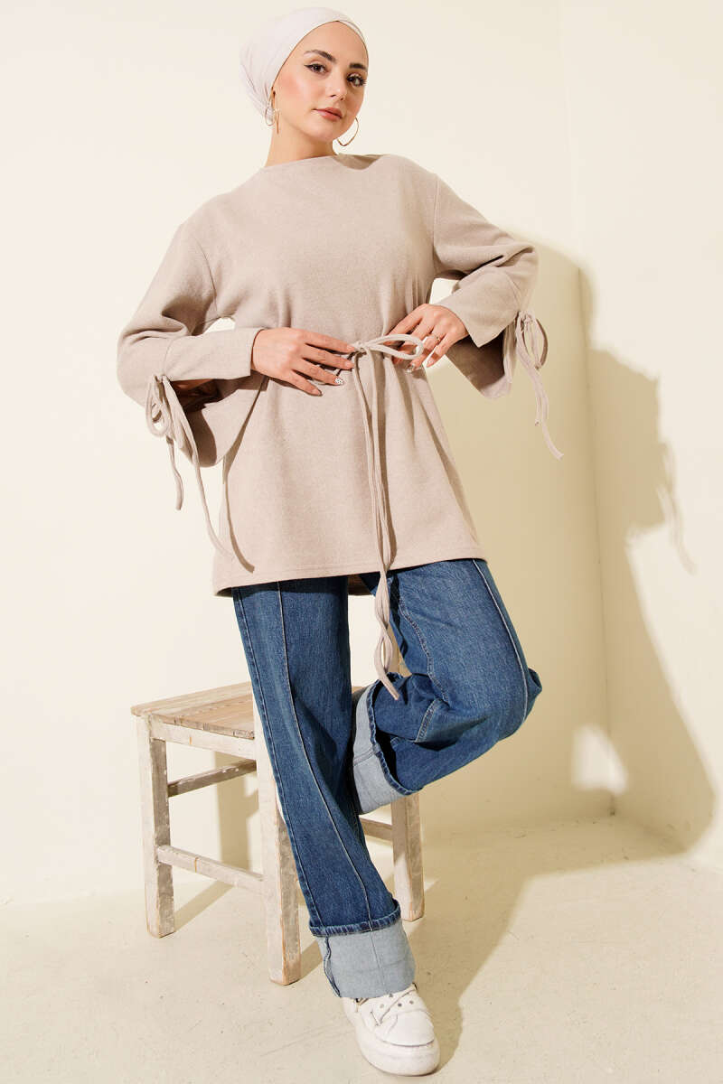 Ribbed Felt Tunic with Cord Cuffs - Beige