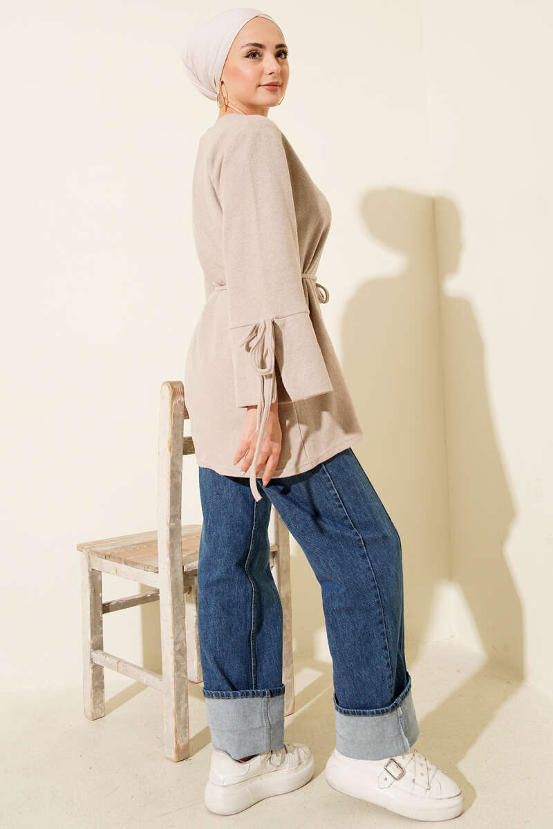 Ribbed Felt Tunic with Cord Cuffs - Beige