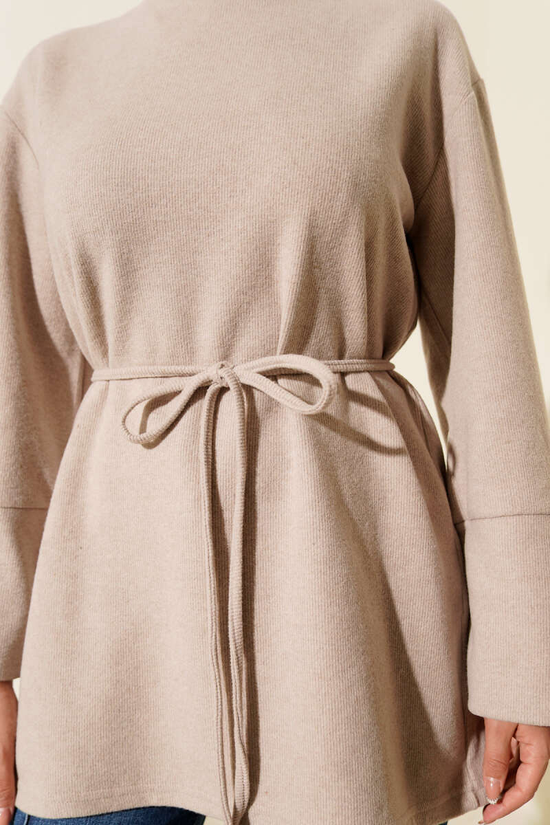 Ribbed Felt Tunic with Cord Cuffs - Beige