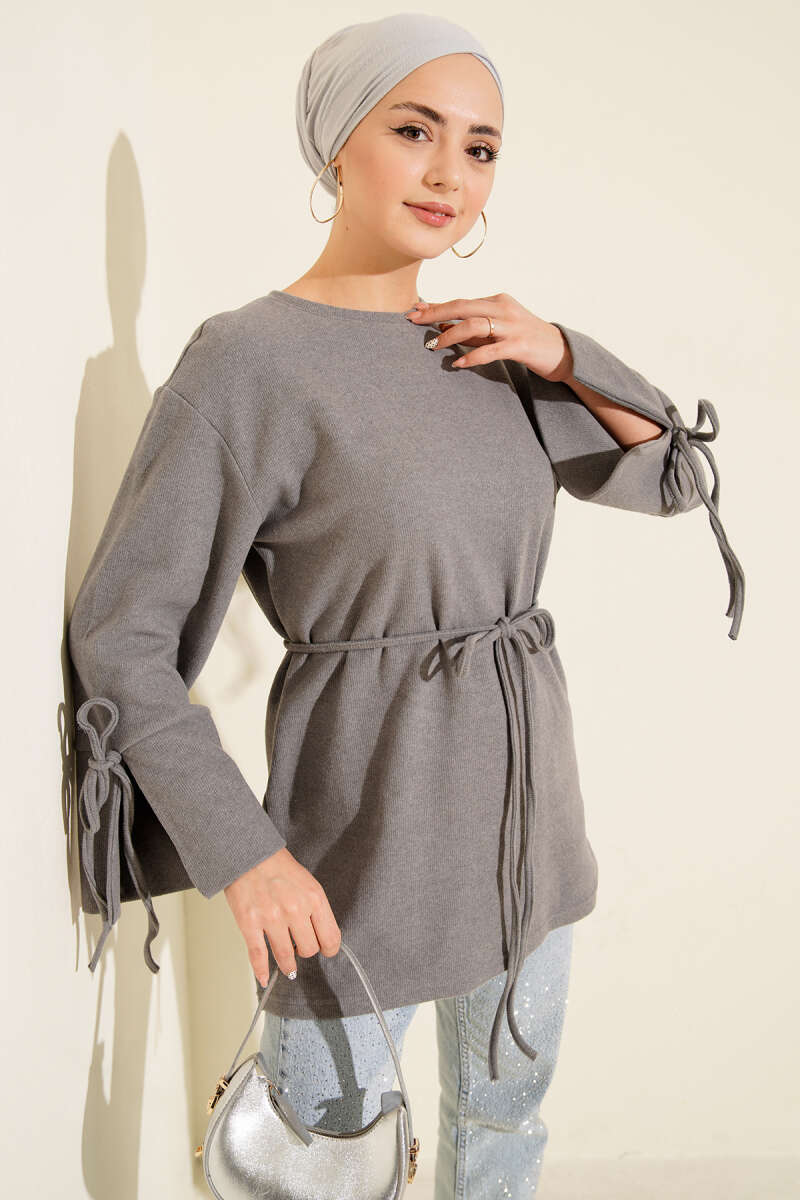 Ribbed Felt Tunic with Cord Cuffs - Grey