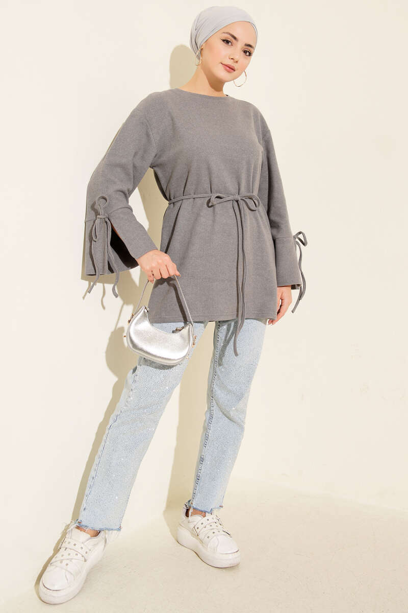 Ribbed Felt Tunic with Cord Cuffs - Grey